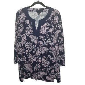 Talbots Women's Navy/Pink Paisley Split-Neck Cotton Blend Tunic Sz XL